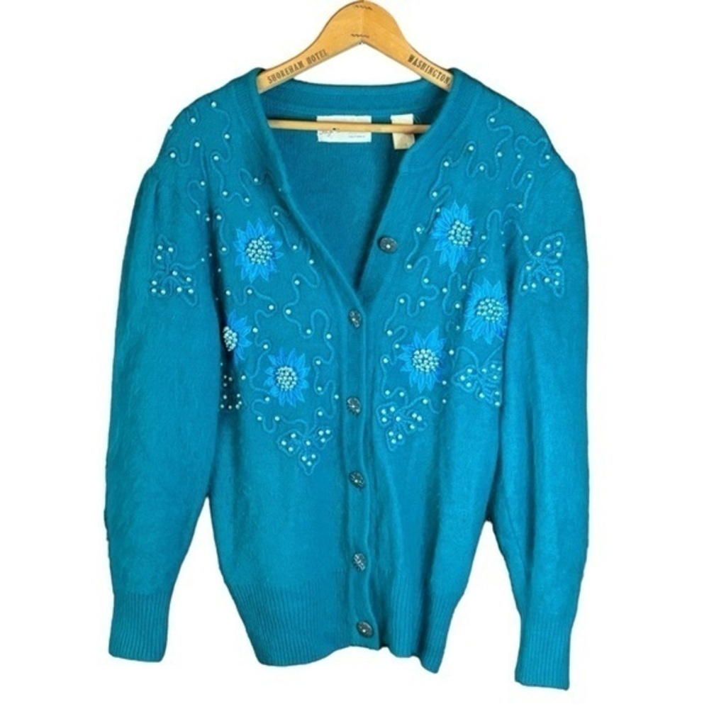 Vintage Angora Blend Sweater Turquoise Embellished Beaded Long Sleeve Cardigan